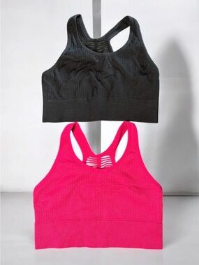 Ribbed Racerback Sports Bras - Black & Hot Pink